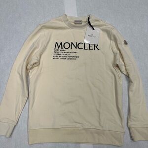 Moncler Men's Cream Logo Crewneck Sweatshirt with Sleeve Badge